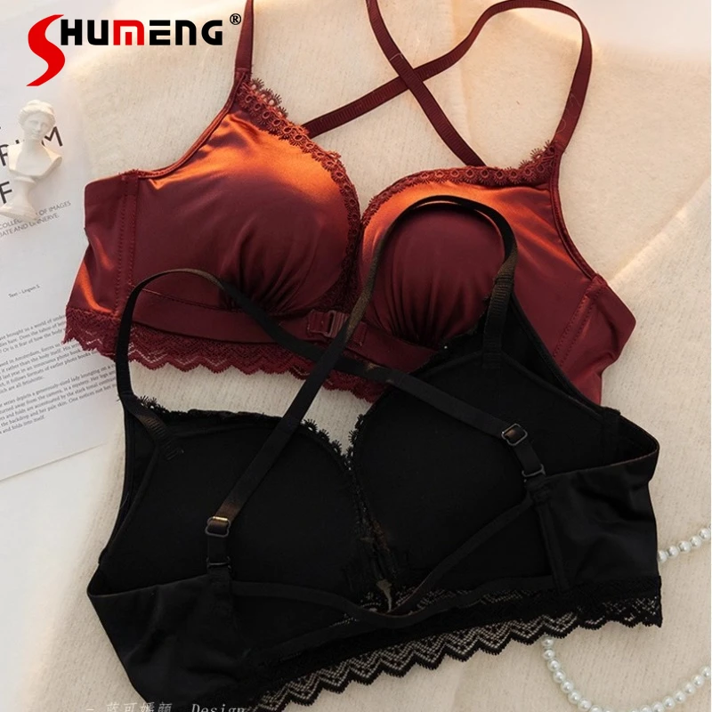 

Sexy Backless Small Chest Bra Set for Women Push Up Thickened Cup Enhancing Intimates Female Japanese Style Sweet Brief Suits