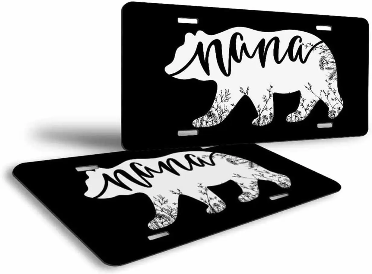 License Plate Mama Bear and Floral Blakc White Silhouette Home Decor Signs for Women Men Aluminum License Plate 6x12 Inch