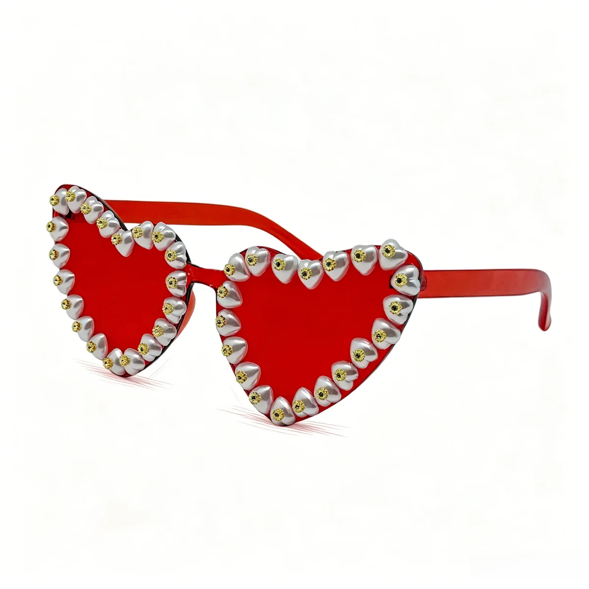 Women Heart Shape Party Sunglasses Pearl Gold Rhinestone Y2K Bling Fancy Eyewear Bachelorette Hen Party Festival Costume Eyewear