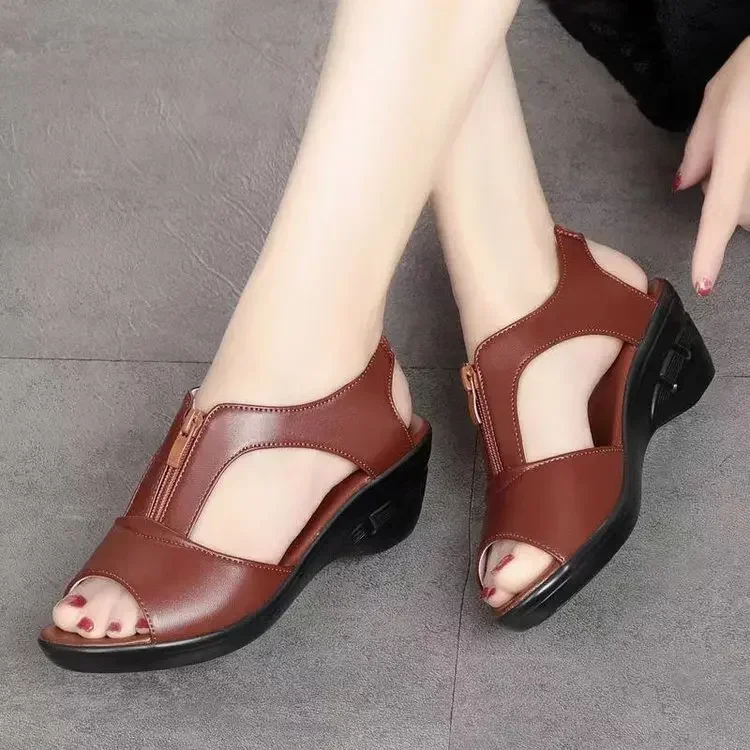 Summer Women Wedge Sandals 2024 Fashion Fish Mouth Non-slip Leather Casual Shoe Ladies Retro Platform Sandalias De Mujer Mules