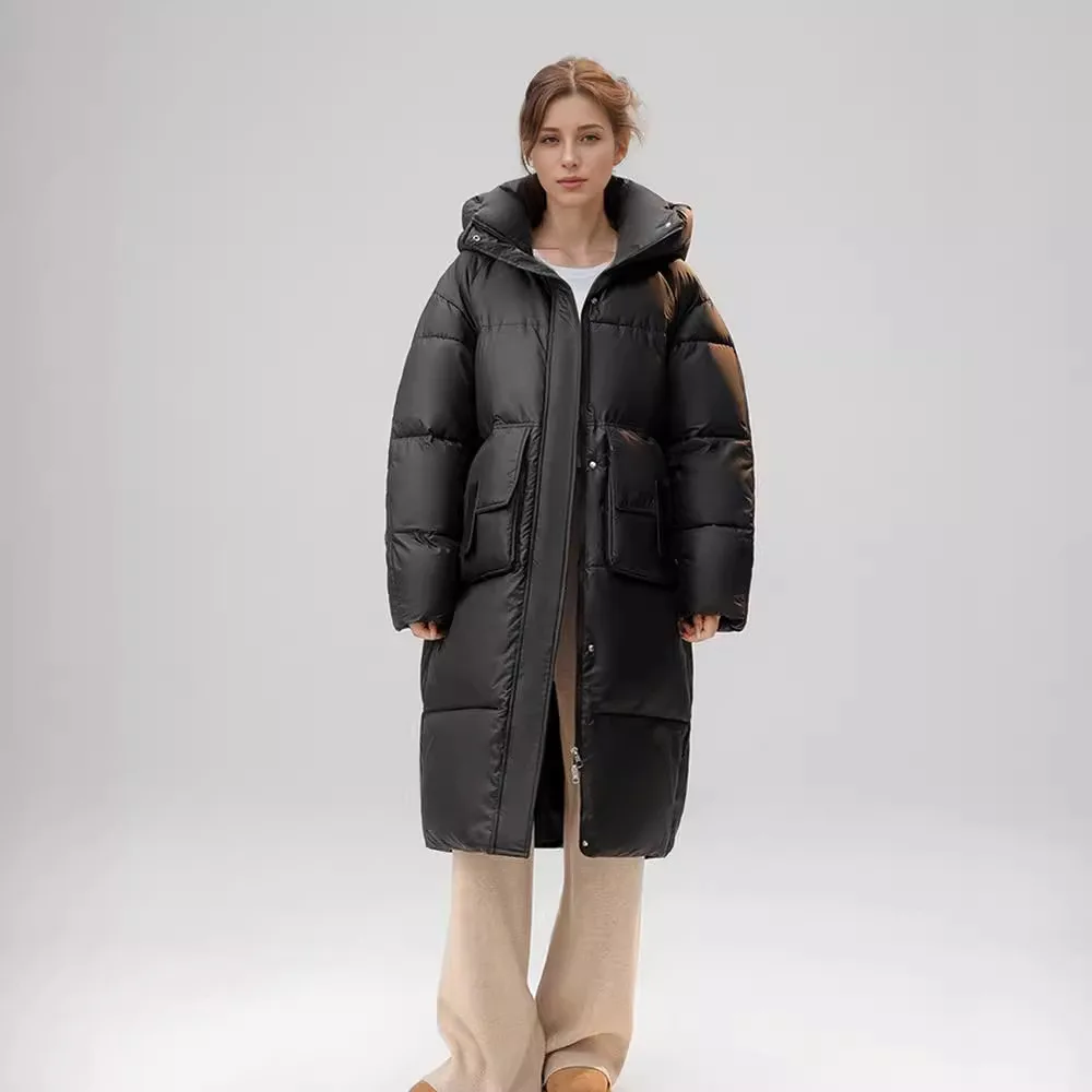 فضفاضة المرأة الركبة طول مقنعين طويلة الأكمام معطف القطن الدافئ 2025 الإناث الشتاء سترة عادية مقنع 2 جيب سترة قطن