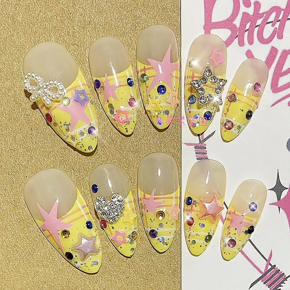 Y2K Summer Cool Hand-Painted Milky Yellow Striped French Stars Press On Nails Handmade Custom Nail Art Tools Press On Nails