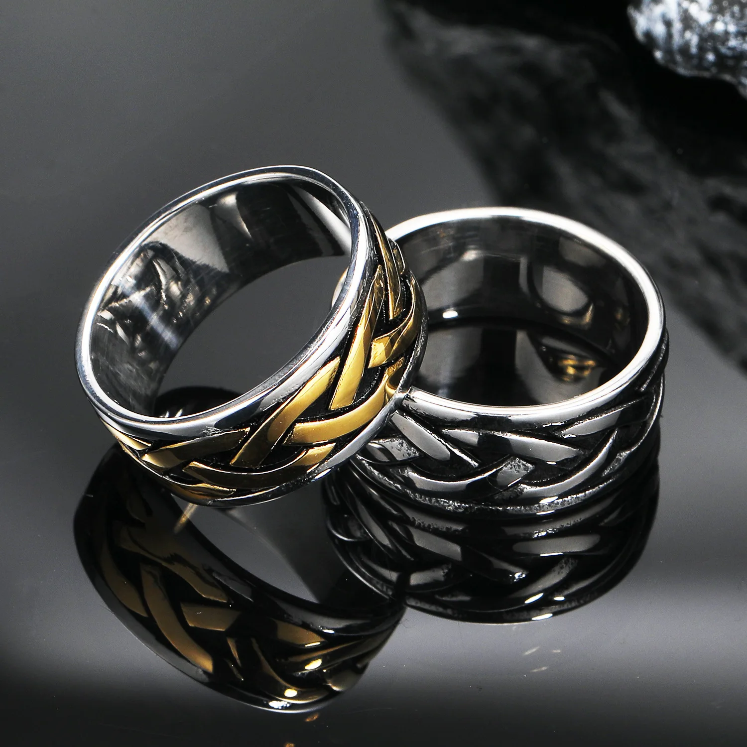 Megin D Stainless Steel Titanium Weave Viking Totem Hip Hop Punk Rings for Men Women Couple Friends Gift Fashion Jewelry Simple