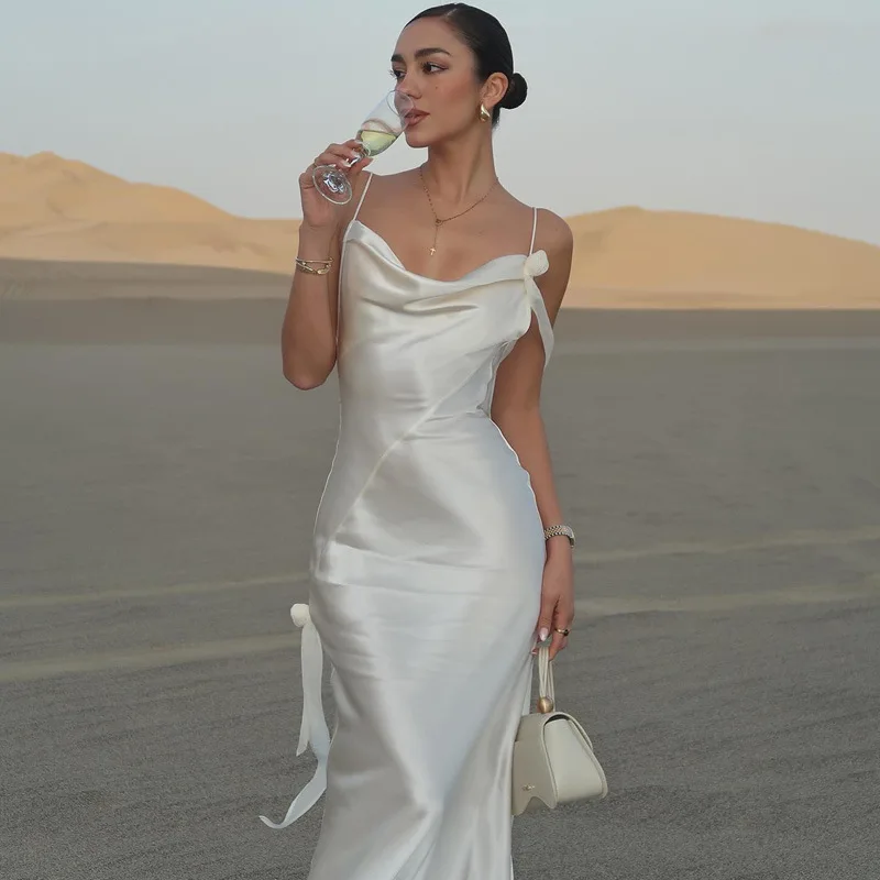 HG Elegant 3d Flowers Backless Dress Women Bodycon Swing Collar Sleeveless White Sling Maxi Robe Summer Lady Evevning Vestidos view 5