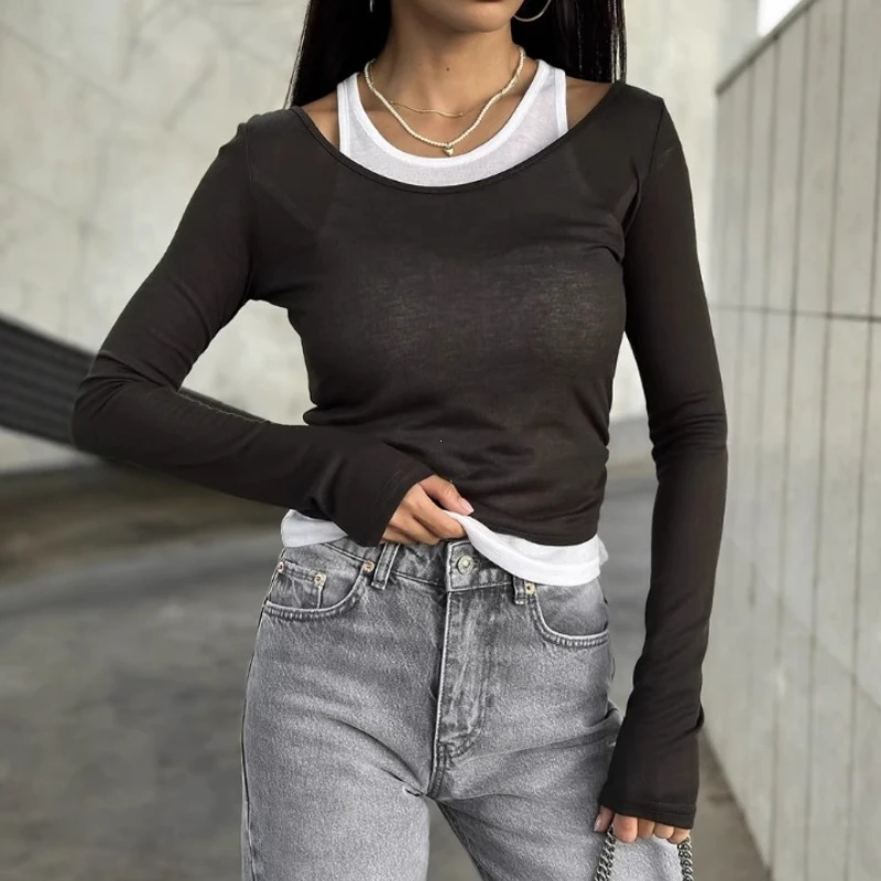 

Летние повседневные узкие футболки в стиле пэчворк, женские мягкие футболки из модала с длинными рукавами, новинка 2025 года, повседневные женские эстетические топы