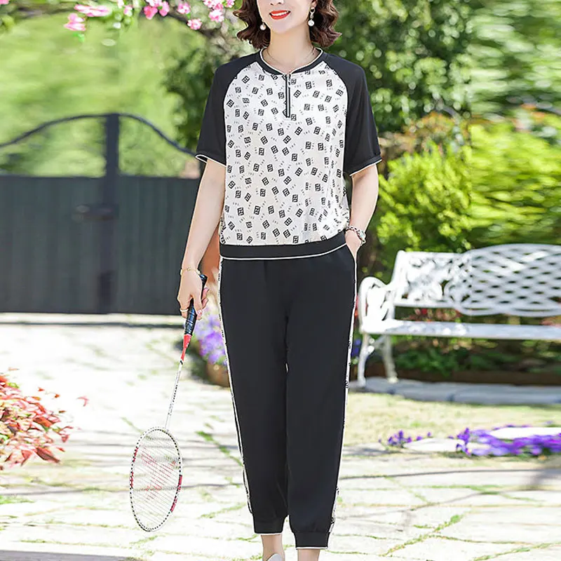 Casual Letter Printing Matching Sets O-Neck Summer Two Piece Set Women's Clothing Short Sleeve Chic Spliced Cropped Pants Sets