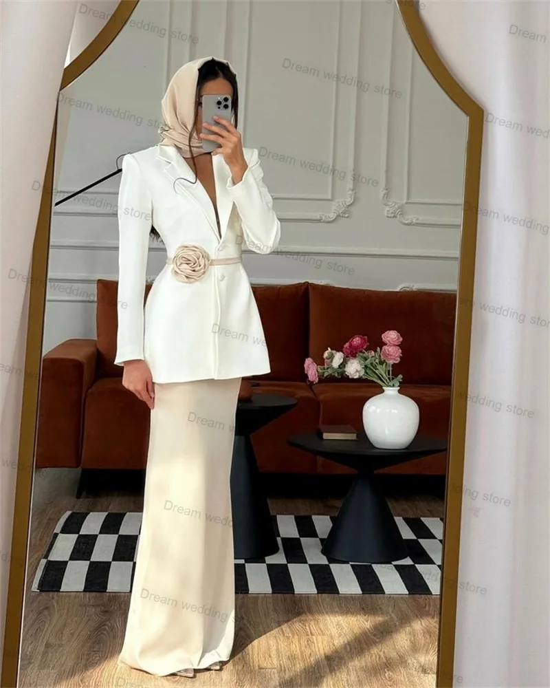 White Blue Women Suits Skirt Set 2 Piece Blazer+Midi Prom Dress 3D Flower Belt Wedding Tuxedo Tailored Formal Office Jacket