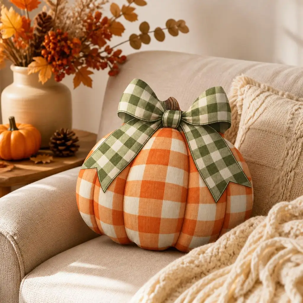 Gingham Pumpkin Shaped Plush Pillow Fall Farmhouse Cushion with Green Bow Autumn Harvest Throw Pillow Sofa Home Decor Gift