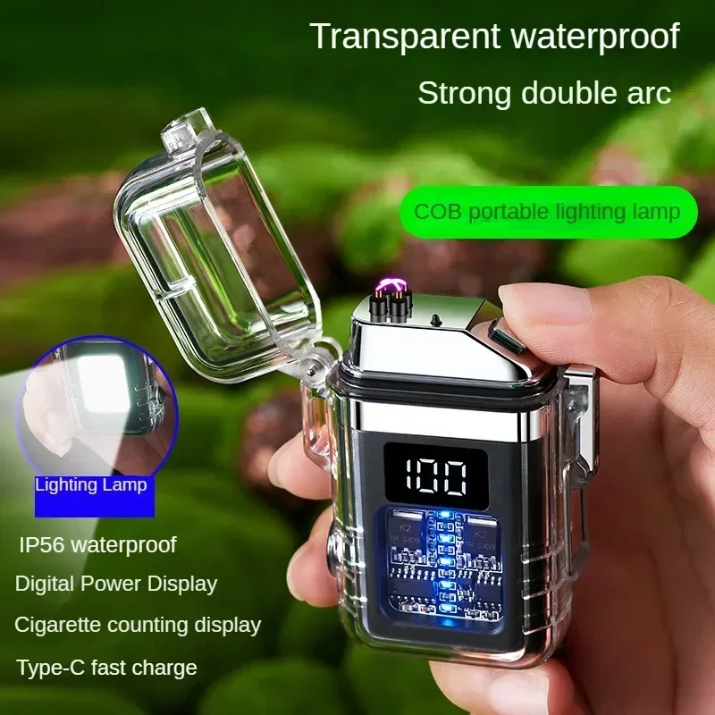 Transparent Shell Digital Display Waterproof Electronic Pulse Lighter COB Lighting Rechargeable Arc Lighter Outdoor