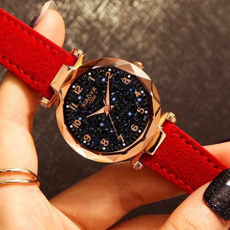 Reloj de lujo con cielo estrellado para mujer, reloj de pulsera de cuarzo a la moda para mujer, reloj resistente al agua de cuero rojo, reloj