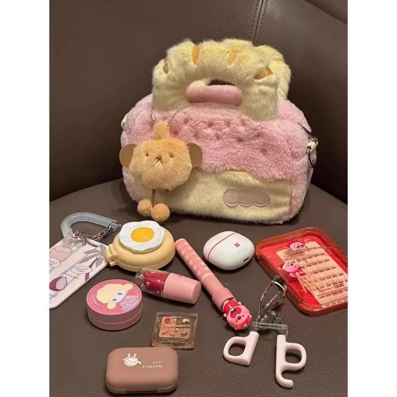 2024 Autumn Winter Cute Plush Handbag New Small Patchwork Color Earpod Cellphone Storage Bag Stylish Ladies Makeup Shoulder Bags
