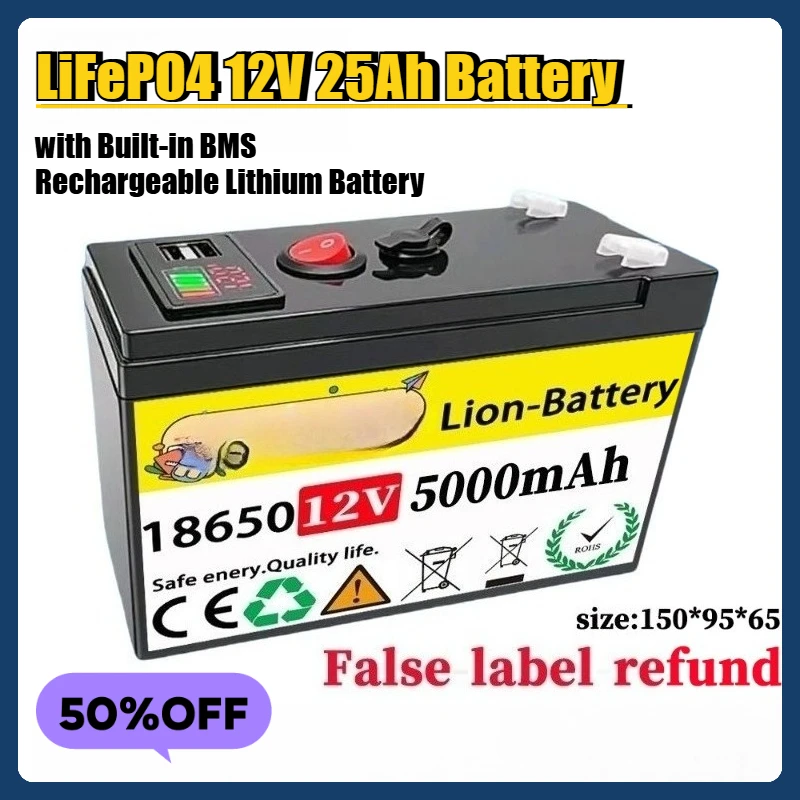 

LiFePO4 12V 25Ah Battery with Built-in BMS Rechargeable Lithium Battery with 4000+ Cycles, Lithium Iron Phosphate
