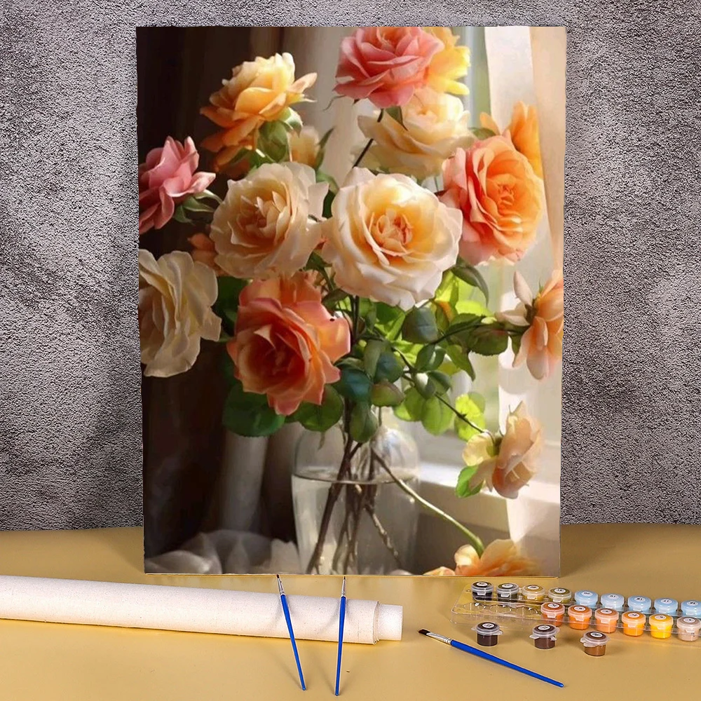 Oil Painting By Numbers Rose Flowers Picture Diy Coloring By Number Handpainted Unique Gift Home Decoration For Living Room Wall