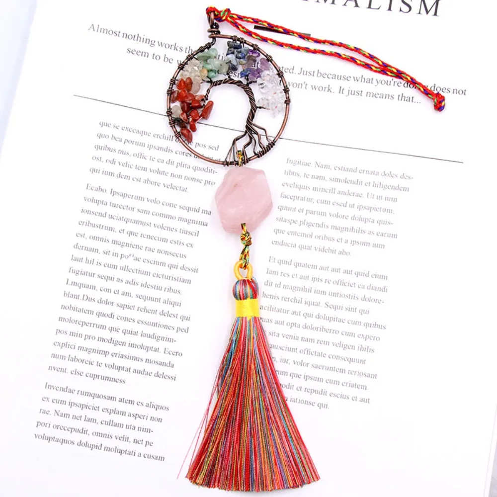 Chakra Stone Tree of Life Car Hanging Ornament with Colorful Tassels Natural Crystal Raw Stones Amethyst Rose Quartz Home Decor