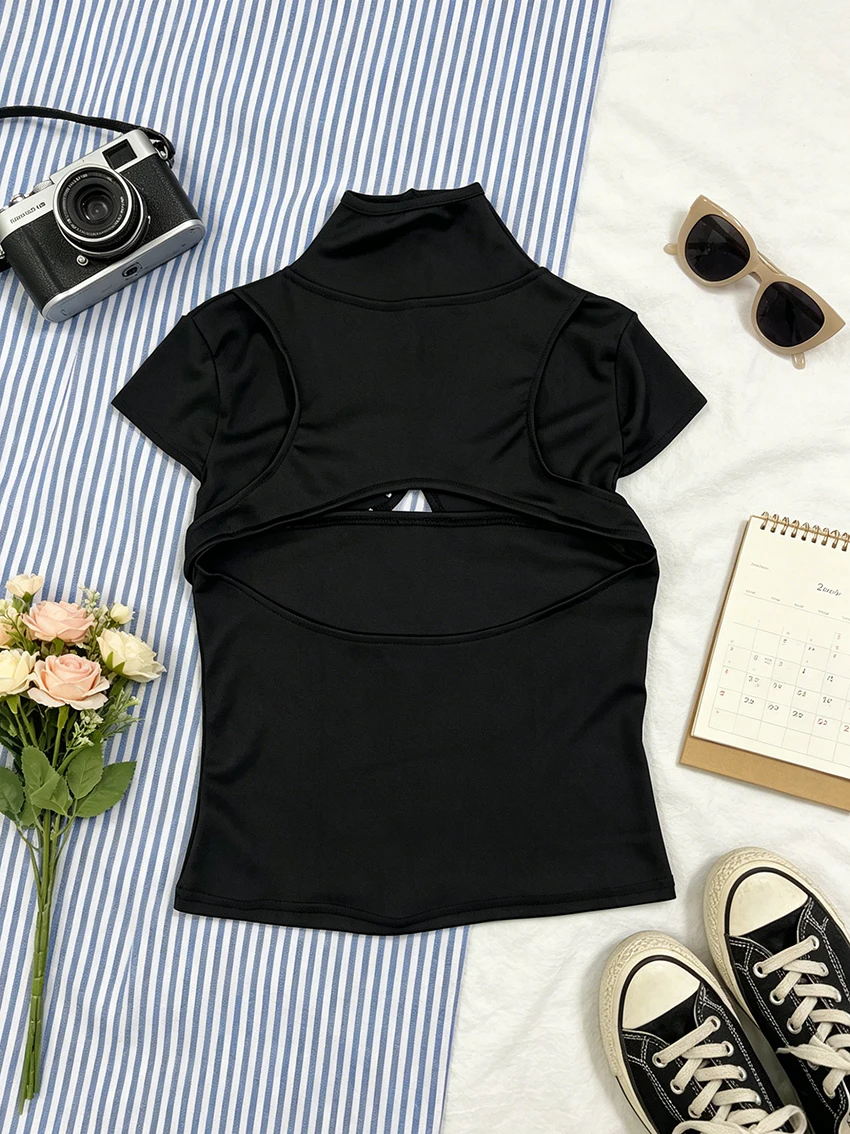 Vintage Goth Women Mock Neck Button Detail Cutout T Shirt 2 In 1 Backless Cropped Short Sleeve Tee Casual Club Going Out Outfits