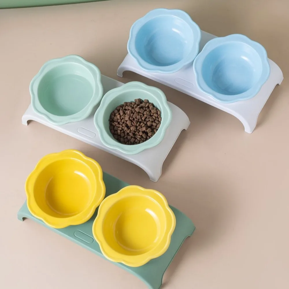 Non-Slip Ceramic Cat Double Bowls Flower Shaped Detachable Pet Food Feeder Anti-Flip Protect Cervical Spine