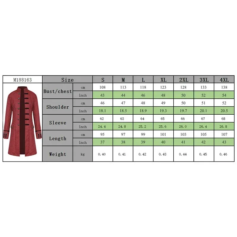 سترة عصر النهضة في القرون الوسطى أزياء تنكرية للرجال باللون الأحمر الداكن فيكتوريا Steampunk معطف واق من المطر ملابس خارجية معطف الأمير العتيق