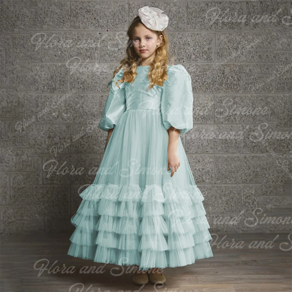 Princess Puff Sleeve Tulle Pleat A Line Wedding Party Flower Girl Dress Bow Ankle Length First Communion Dress Customized