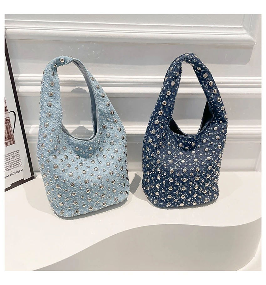 

Women Rivet Bucket Bag Large Capacity Buckle Soft Sequin Handbag American Retro Fashion Shoulder Bags for Female