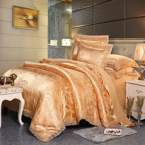 

4 Pieces Silver Brown Luxury Satin Cotton Lace Bedding sets Double Queen King size bedding duvet cover bed sheet set Pillowcases