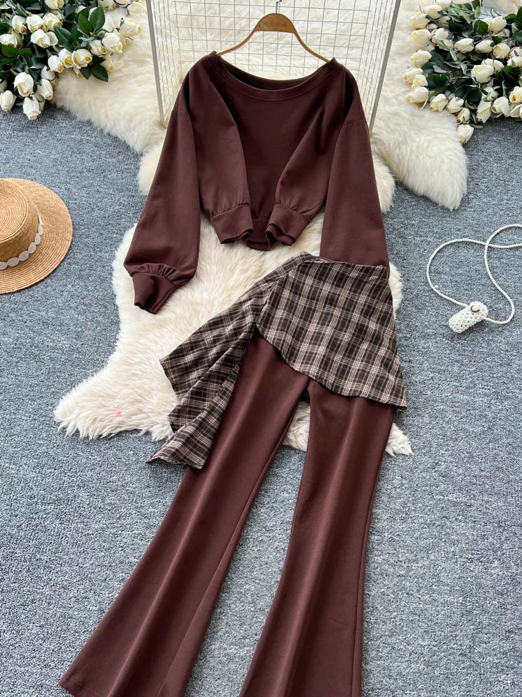 Loose Comfortable Women's Casual Set Autumn Long Sve Sweatirt Plaid Splicing High Waist Flared Pants Faionable Two-Pie...