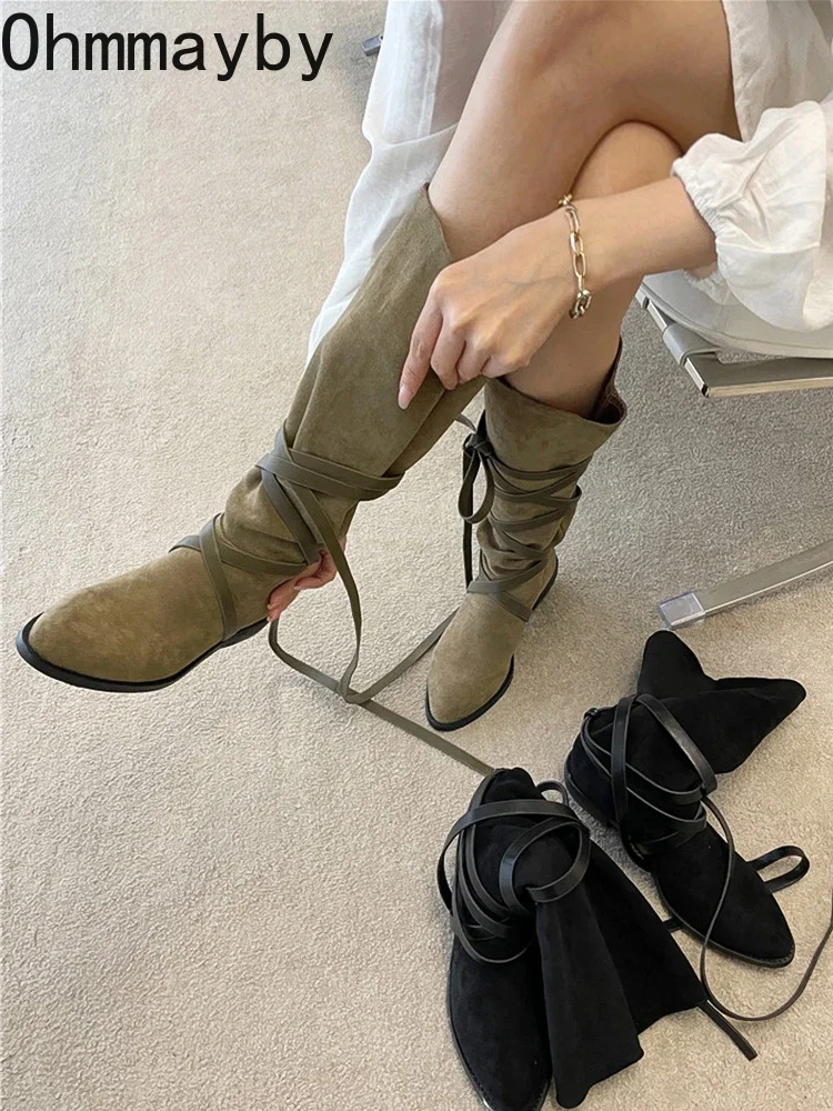 Spring Autumn Women Western Cowgirl Boots Fashion Cross Strap Pointed Toe Shoes Vintage Thick Heel Ladies Long Booties