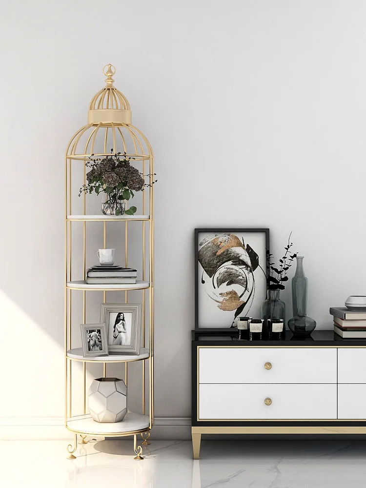 Nordic style birdcage shelves, floor-to-ceiling living room, indoor wrought iron flower stands, solid wood shelves, balcony deco