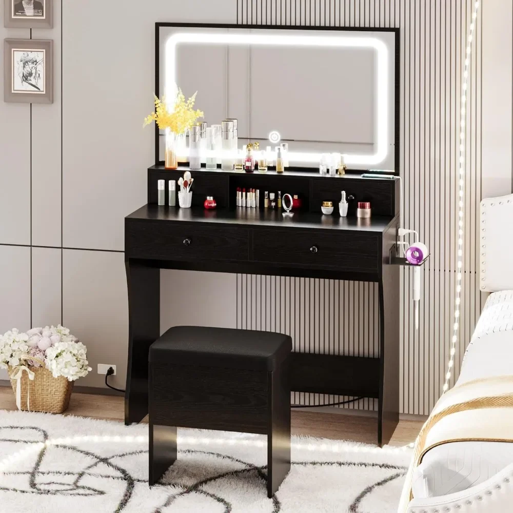 Vanity Desk With LED Lighted Mirror & Power Outlet & 4 Drawers Dressing Makeup Table Set With Storage Stool and Hair Dryer Stand