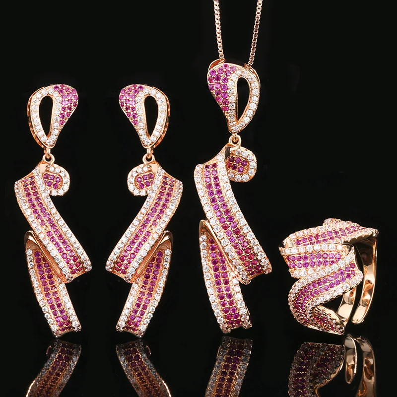 Luxury Rose Gold Toned Pink White Gemstone Streamer Ribbon Shape Jewelry Adjustable Rings Earrings Necklace for Women's Fashion