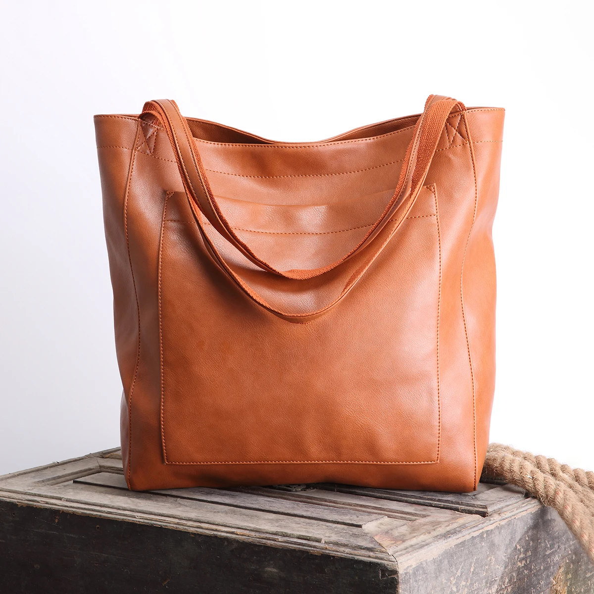 Oil wax pattern soft leather retro vertical Tote bag for women