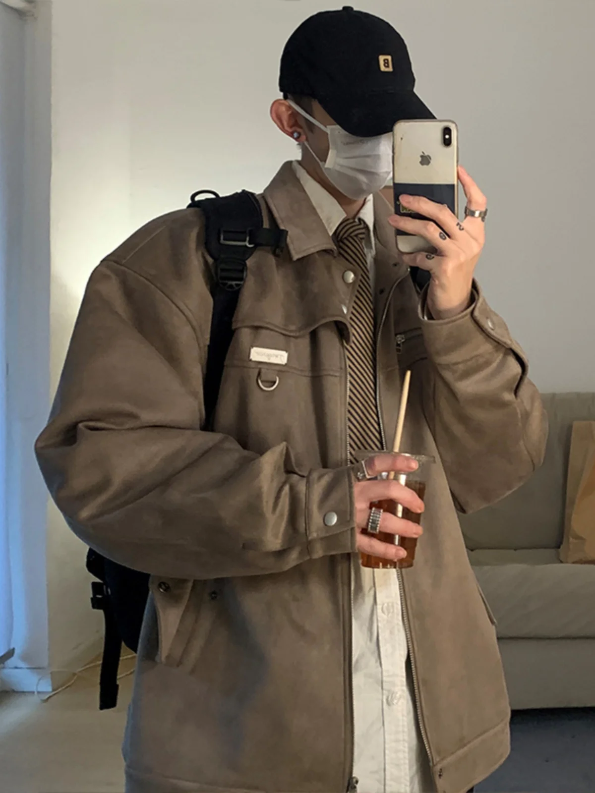 

Baroque Sle Men's Jaet American High Street Workwear Vintage Ulzzang Coat Spring Autumn Zipper Closure Long Sve Loose Fit