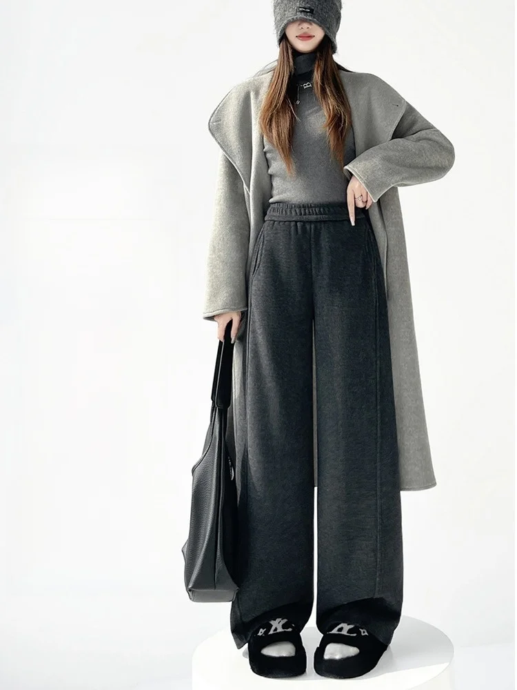 Spodnie damskie z szerokimi nogawkami, jesienno-zimowe, ocieplane, z wysokim stanem, proste, codzienne, zwiewne, typu knife, dresowe.