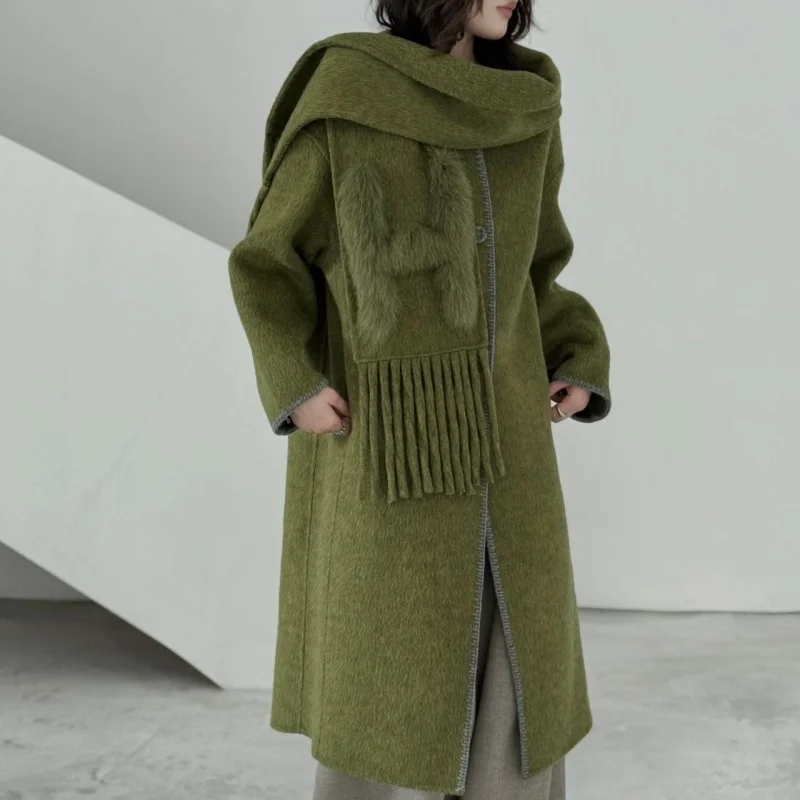 Women 100% Wool Coat With Scarf Collar Loose Oversized Long Woolen Coat Fringe Decor Female Winter Outerwear
