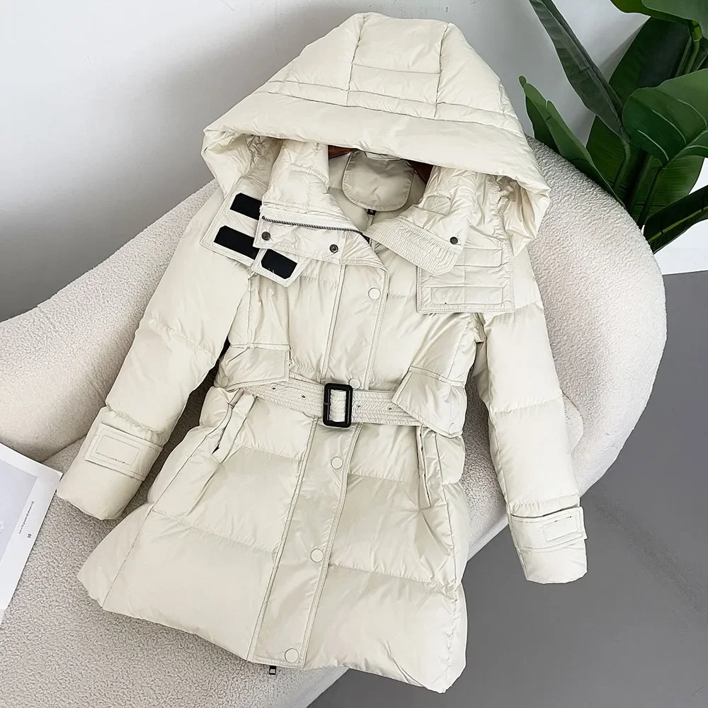 

Down Jacket Women Coat Women Thick Warm Loose Down Parka Outerwear 2024 New Autumn Winter Hooded Long Jacket with Belt Female