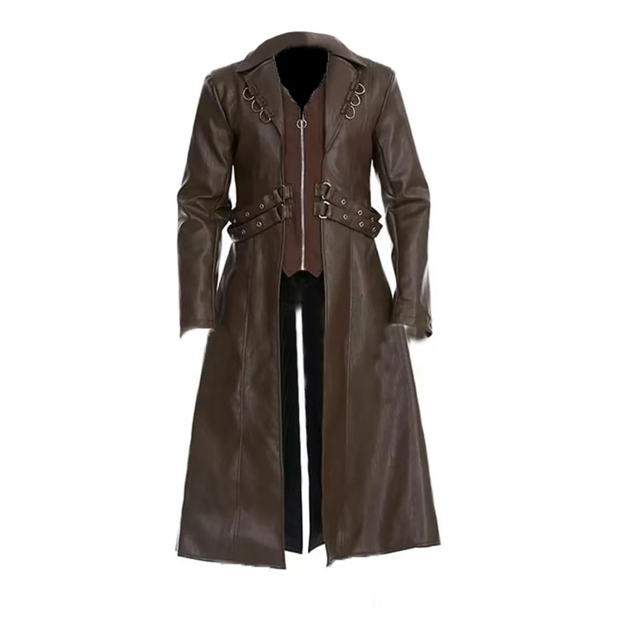 

2025 New Steampunk Gothic Mid Length PU Leather Trench Coat Men Dark Brown Black Metal Ring Buckle Decoration Outerwear