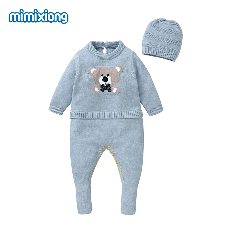 Spring Autumn Newborn Boys Outwear Rompers Hats Clothes Baby Rompers Blue Long Sleeve Knit Set 0-9m Infant Jumpsuits Winter Wear