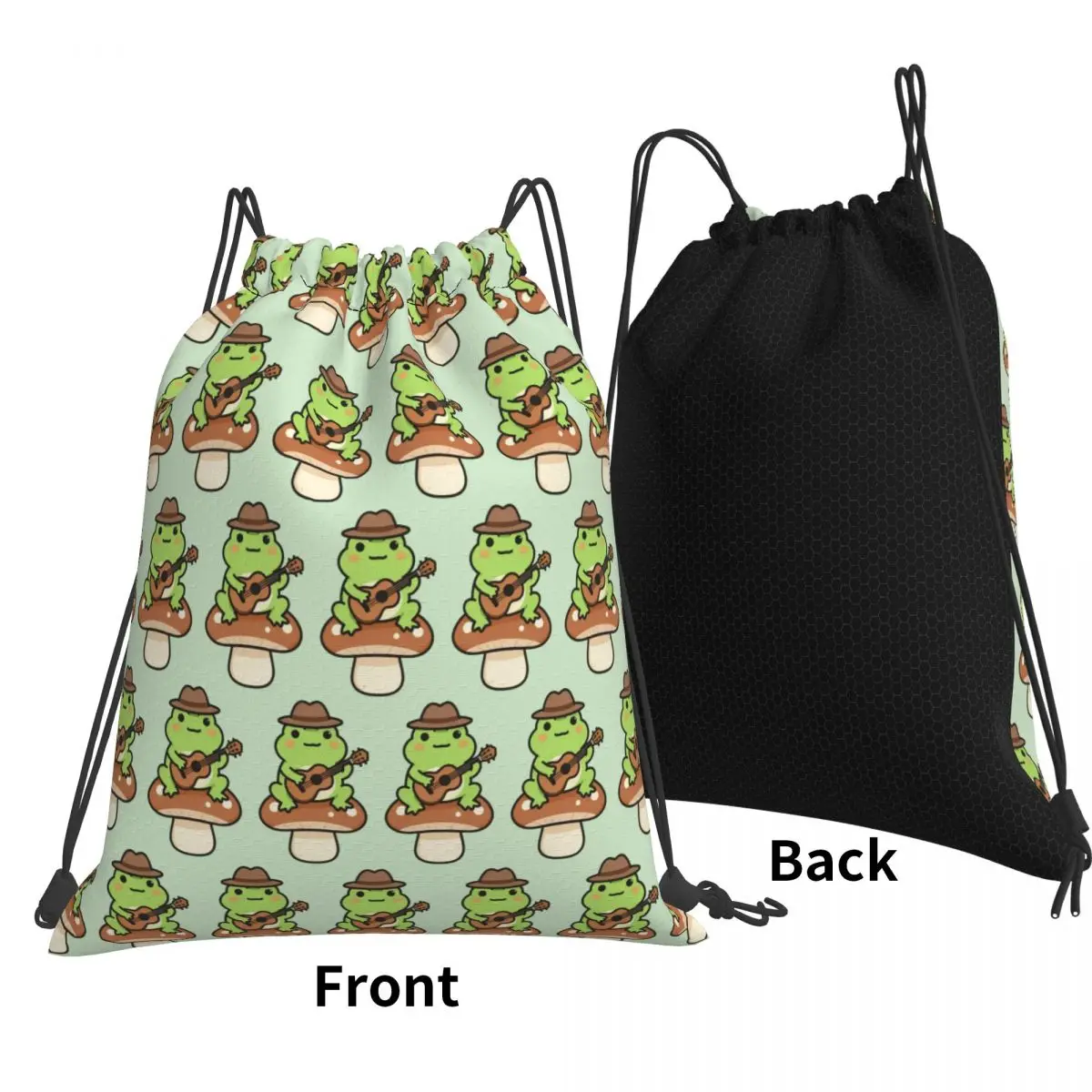 Whimsical Frog Mushroom Guitar Serenade Backpacks Portable Drawstring Bags Sports Bag Book Bags for Man Woman School