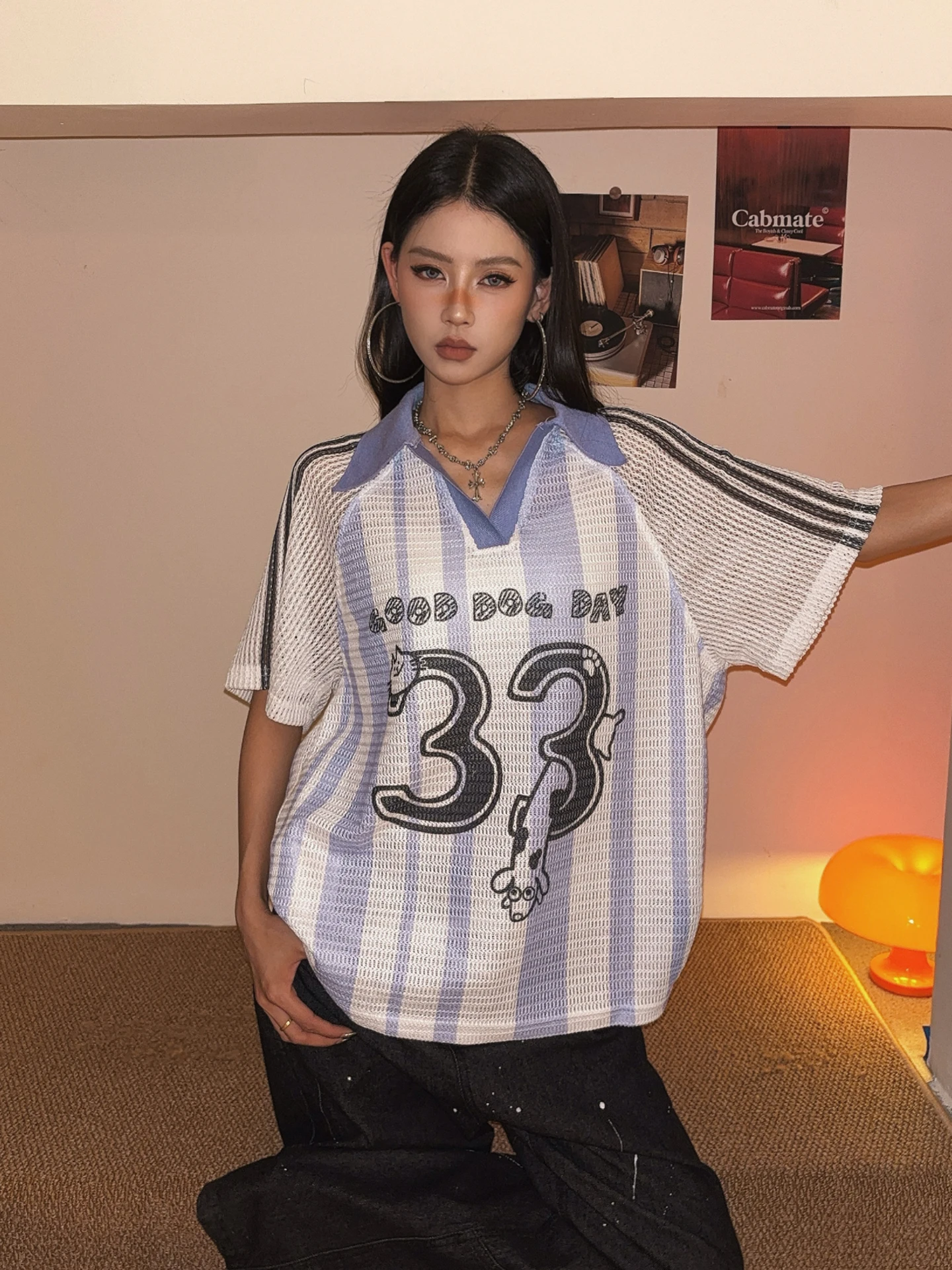 

DoubleD Summer Mesh Stripe Sports Jersey Short Sleeve T-Shirt Unisex Loose Collar Casual Trendy Breathable Polyester Top