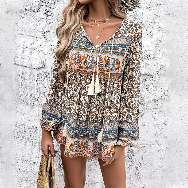 Vintage Blouse V Neck Loose Shirt for Women Bohemian Style Tops Long Sleeved Streetwear Fashion Outfit Retro Female Clothing