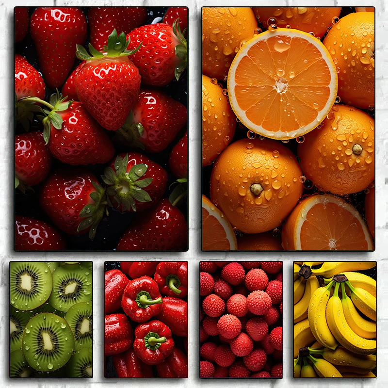 Fresh Fruit Strawberry Orange Peach Apple Banana Poster Modern Food Canvas Paintings Wall Art Picture Kitchen Home Decor
