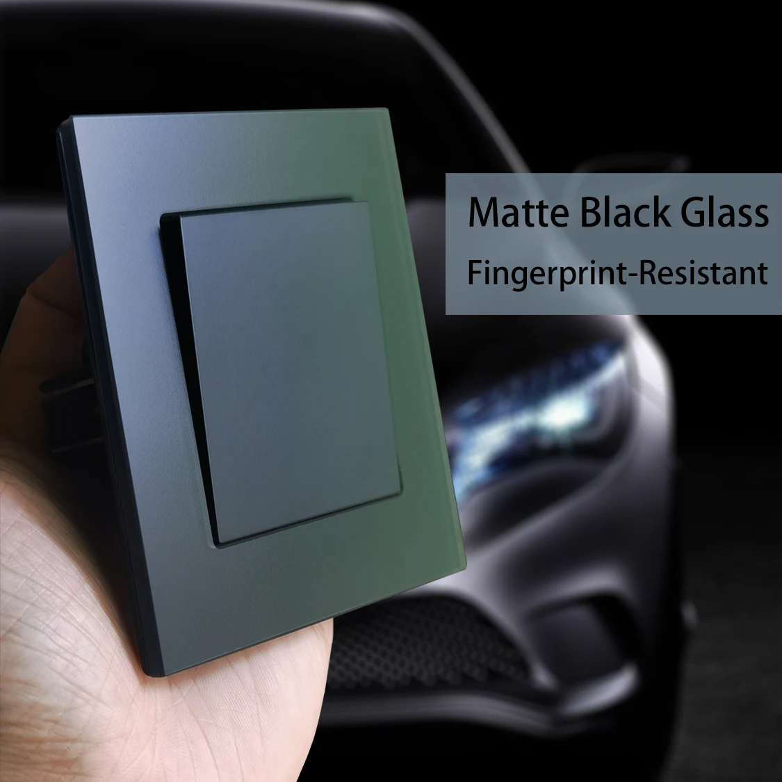 Mattschwarzer Luxus-Glasrahmen nach EU-Standard, 1 2-Gang-Schalter und Steckdose, 86 x 86 mm, Wallpad