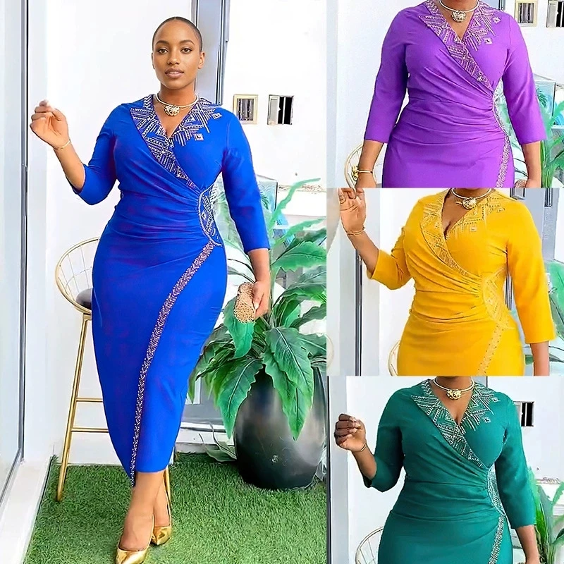 Yellow Red Green Polyester African Dresses for Women Summer African Women v-neck Short Sleeve Knee-length Dress African Clothes