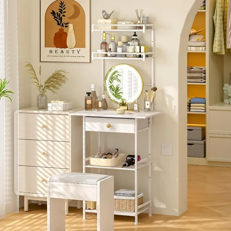 Compact White Dressing Small Vanity Desk Without Mirror, Makeup Vanity Table for Small Space,