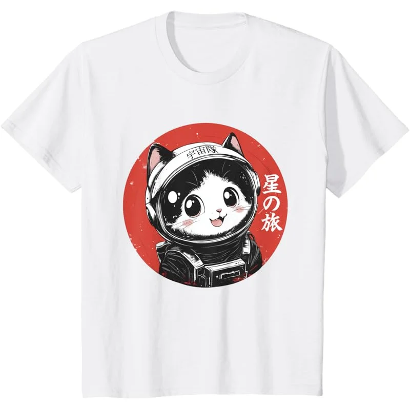 Camiseta con gráfico de gato espacial, camiseta de anime de arte japonés Kawaii de astronauta