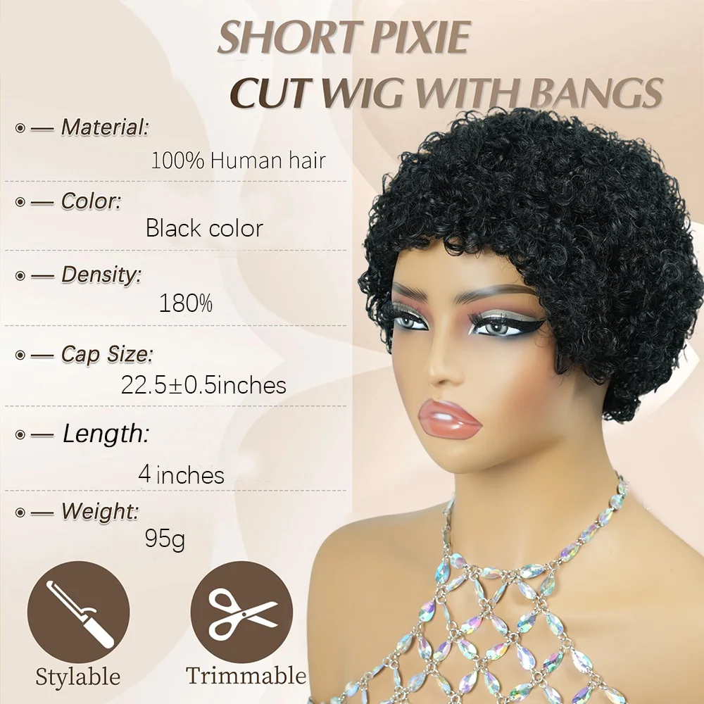 Men's Wig Pixie Cut Human Hair Afro Curly Hair wig Black Hair Color Machine Made Length 6 Inches Density 180% Suitable For Daily - Image 6