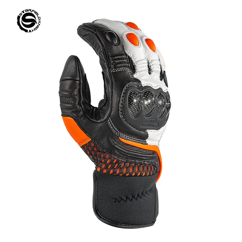 

SFK Orange Motorcyle Gloves Full Finger Real Goatskin Leather Carbon Fiber Motocross Knuckle Protection Mesh Breathable