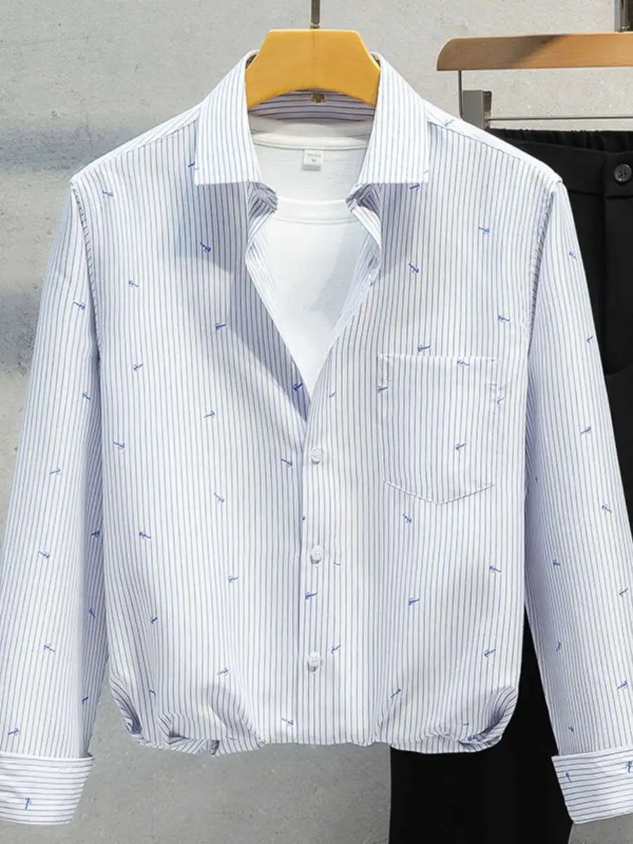 

Korean Style Men's Shirt Trendy Long Sleeve Striped Casual Fashionable Summer Loose Fit Travel Suitable Classic Collar