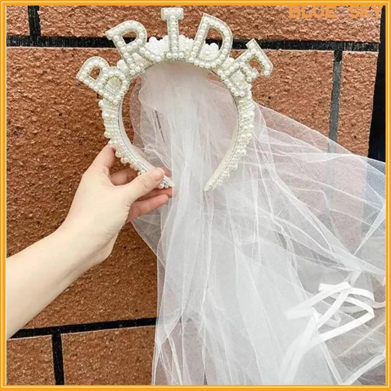 Bride To Be Pearl Crown Headband with Veil Mrs WIFEY Luxury Bridal Hair Accessories Wedding Engagement Dinner Decoration Gift