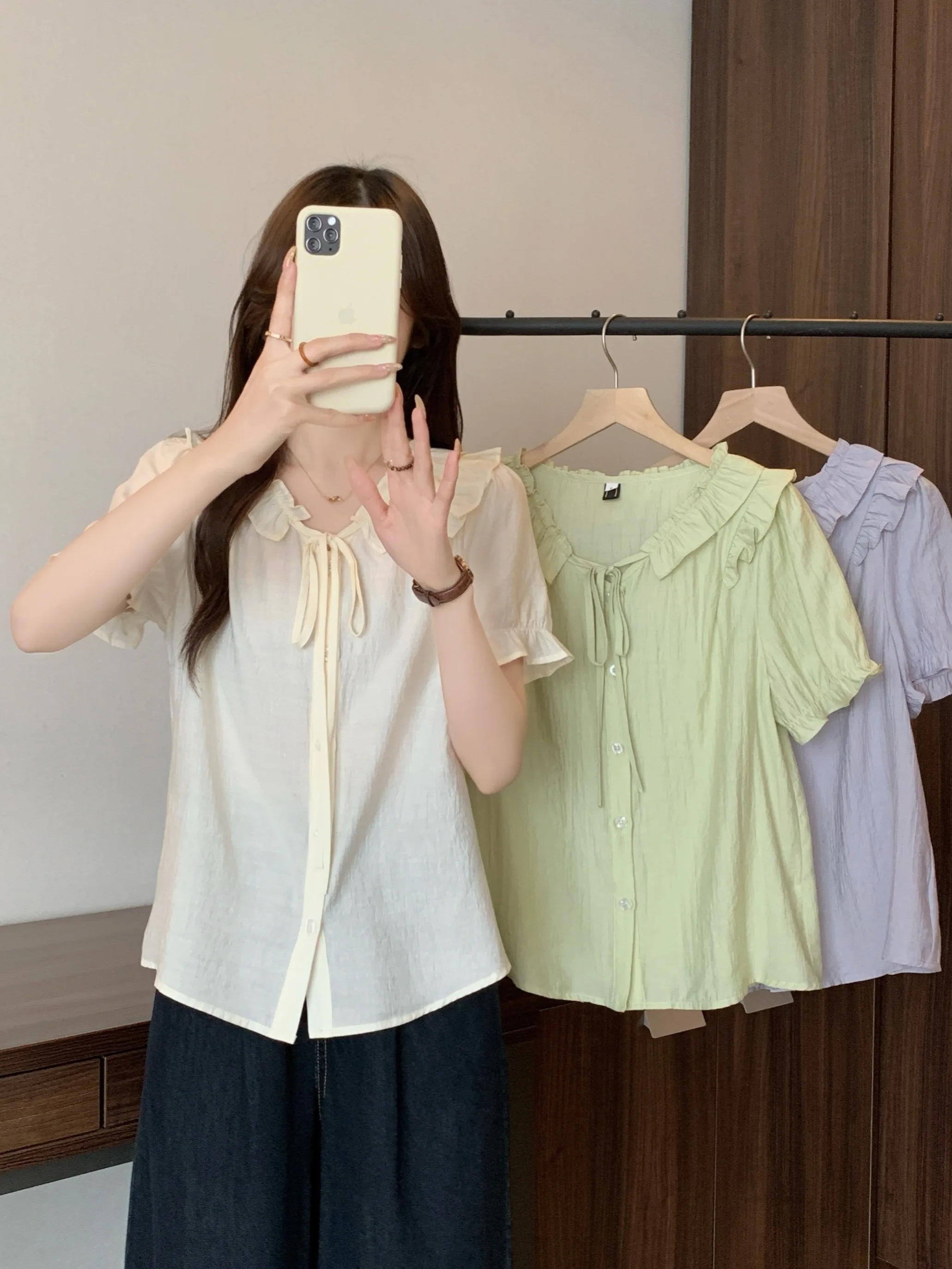 

Sweet Short Sleeve Shirt Women's Summer Loose Slimming Top with Bow Tie Wooden for plus Size Fashionable And Youthful