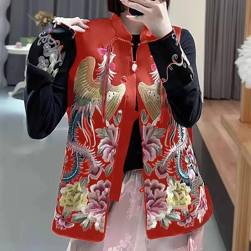 Embroider Phoenix Vest New Chinese Style Tang Clothes Women Luxury Satin Costume Sleeveless Qipao Tops Elegant Hanfu Wear
